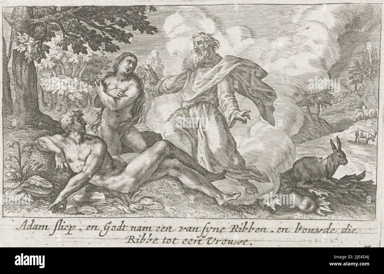 The Creation of Eve, Crispijn van de Passe (I), 1700 - 1750, God lets Adam fall into a deep sleep while he removes his rib and creates Eve. In the margin a two-line caption in Dutch., print maker: Crispijn van de Passe (I), publisher: Isaac Greve, print maker: Utrecht, publisher: Amsterdam, 1700 - 1750, paper, engraving Stock Photo