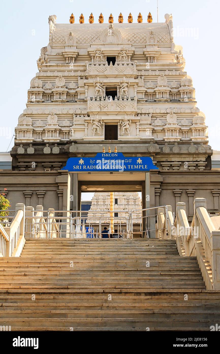 ISKCON (International Society of Krishna Consciousness) Radha Krishna Temple on hills in Bangalore, India.Krishna Janmashtami is celebrated here. Stock Photo