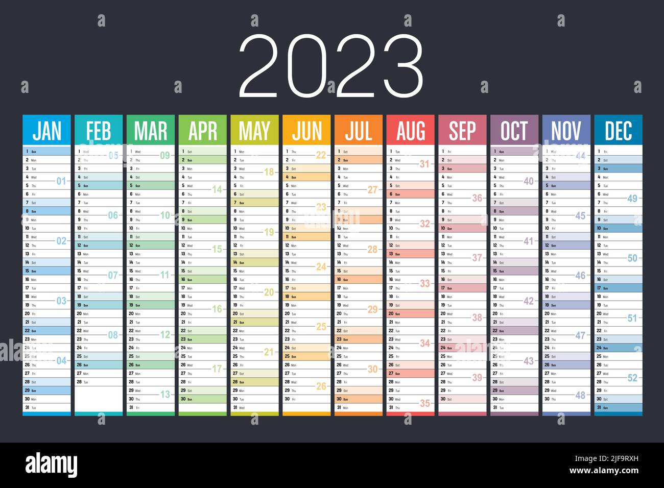 Year 2023 colorful calendar on dark background. Vector template. Stock Vector