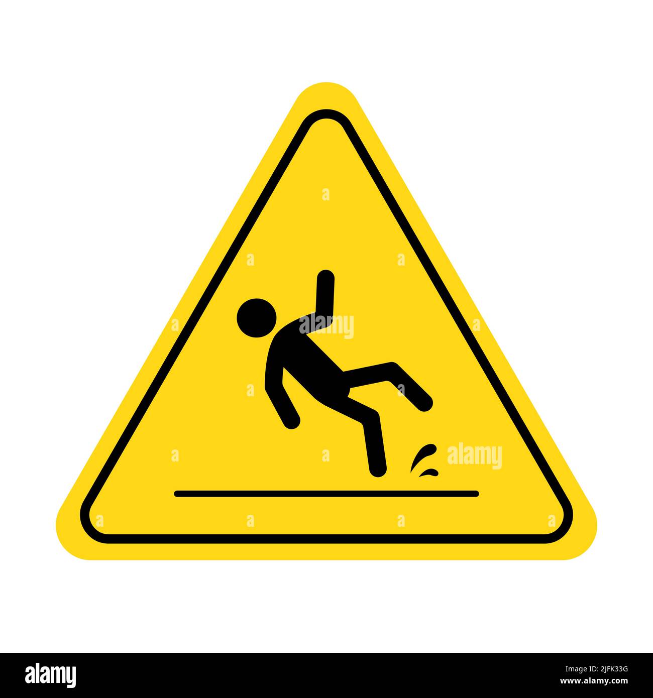 Wet floor icon. Slippery floor caution sign with fall pictogram man. Warning, danger, yellow triangle sign. Vector illustration. Stock Vector