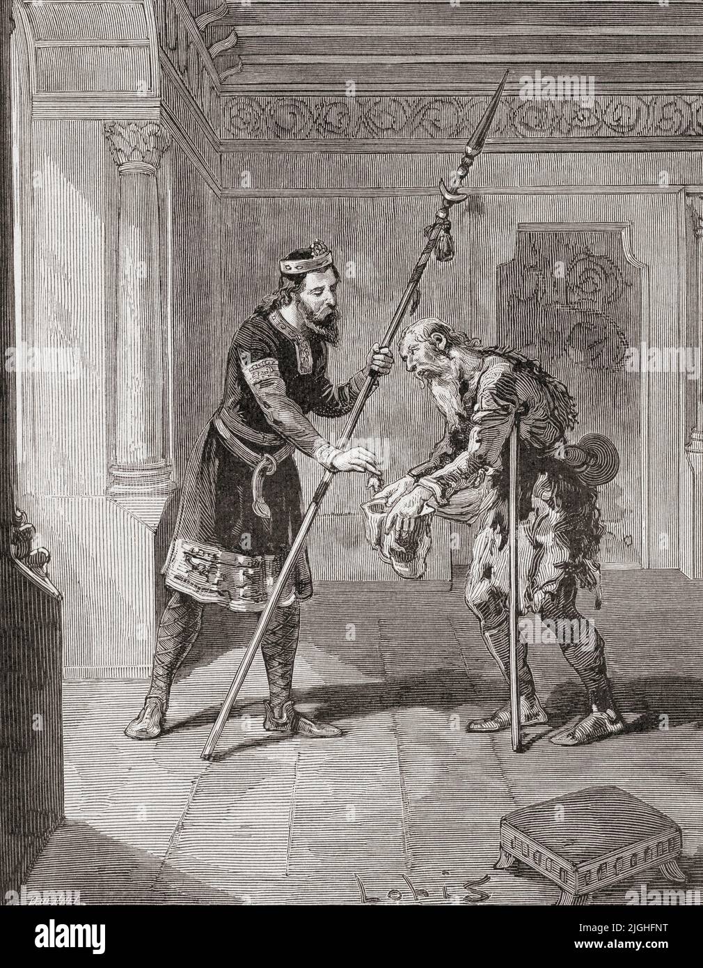 Robert II of France, aka The Pious, giving alms to a poor man.  Robert II, c. 972 – 1031, called the Pious or the Wise.  King of the Franks from 996 to 1031.  From Histoire de France, published 1855. Stock Photo