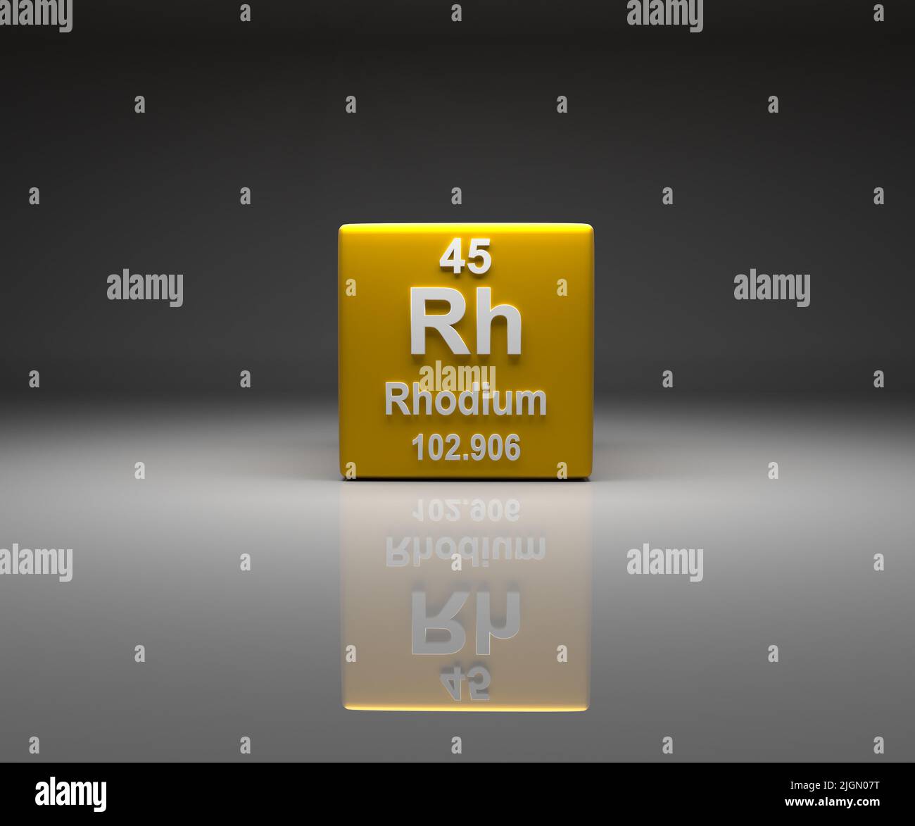 Cube with Rhodium number 45 periodic table, 3d rendering Stock Photo