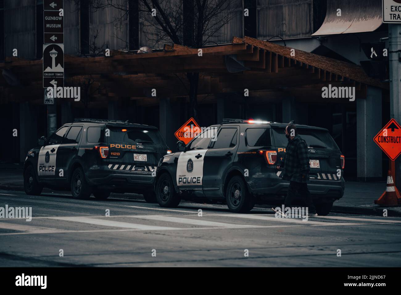 The two parked Ford Explorer Police vehicles, downtown Calgary, Alberta, Canada Stock Photo