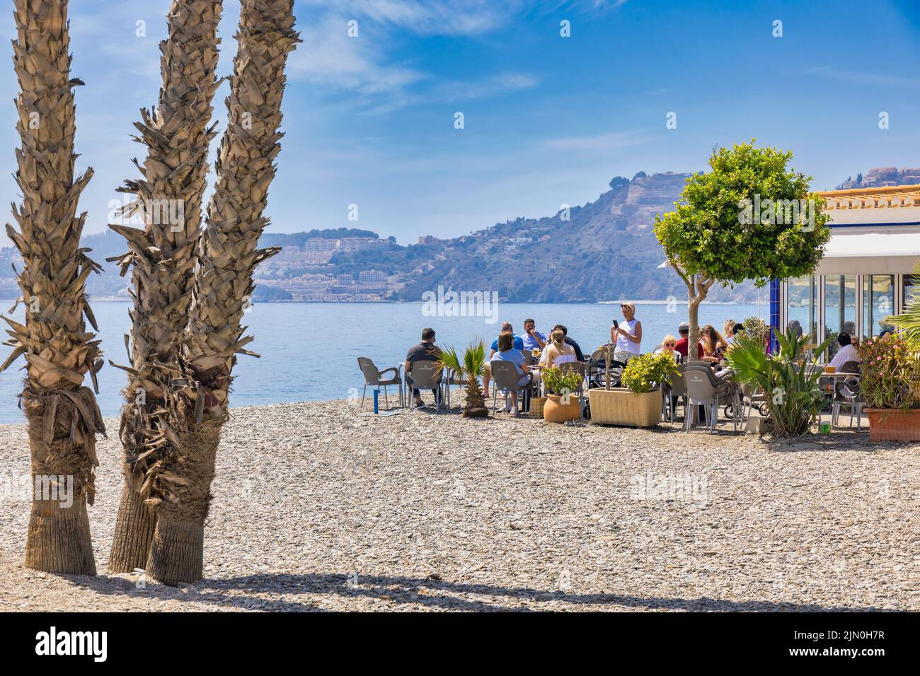 Almunecar, Costa Tropical, Granada Province, Andalusia, southern Spain.  Beach bar, or chiringuito on Playa de San Crisobal - San Cristobal beach. Stock Photo