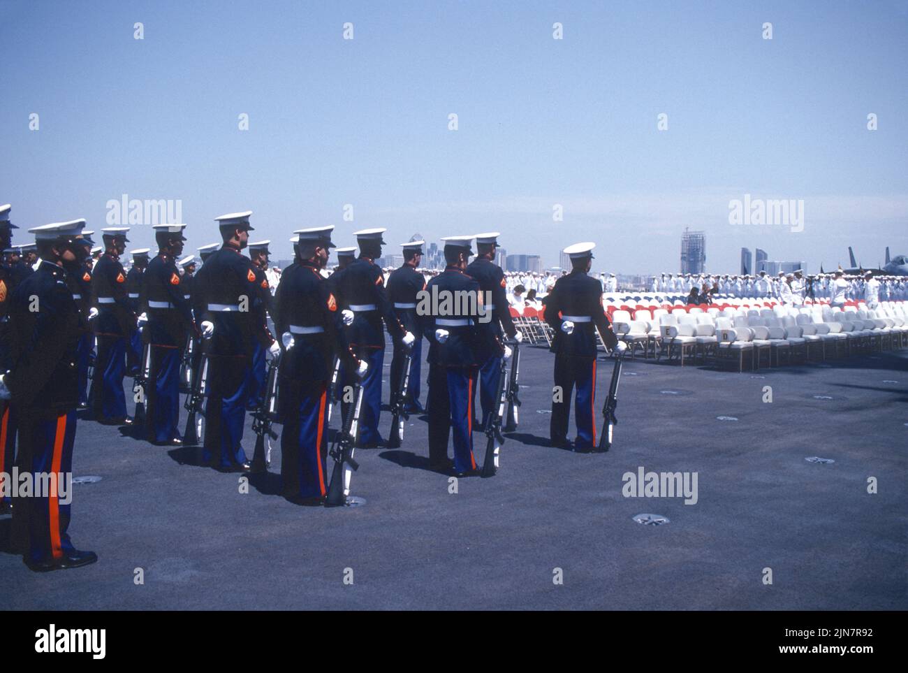 United States Marine Corps honor guard aboard a United States Navy aircraft carrier Stock Photo