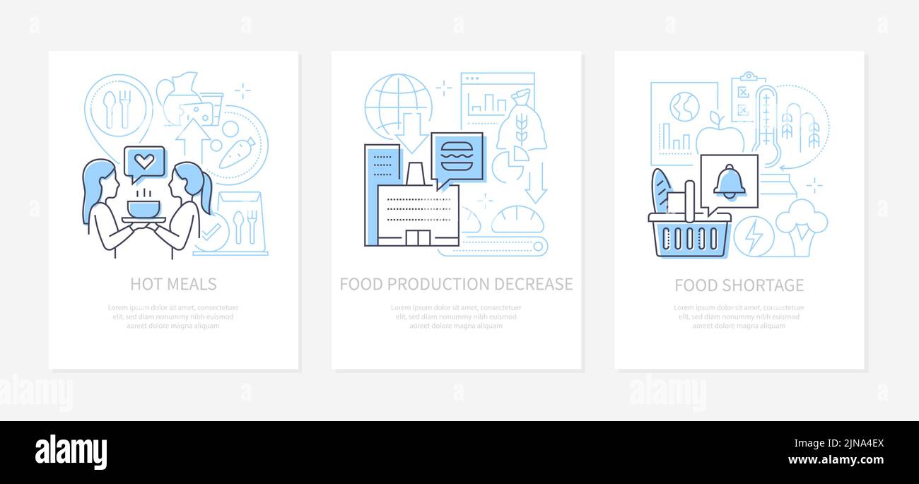 Food shortage and hot meals - line design style banners set Stock Vector