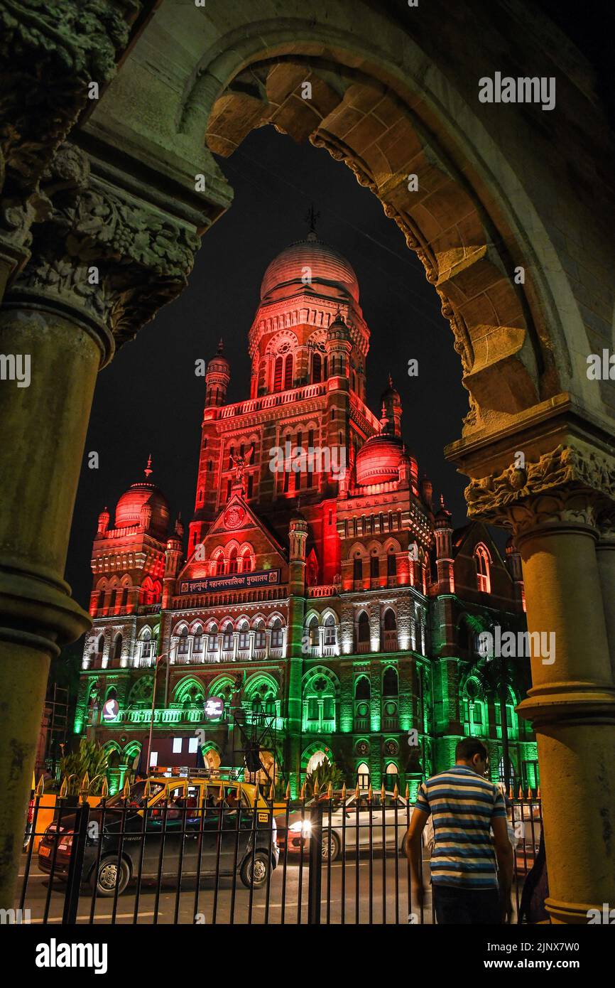 Brihanmumbai Municipal Corporation (BMC) building is lit up in Indian tricolour flag in Mumbai. Iconic monuments in the city are lit up in Indian tricolour flag commemorating country's 75th year of independence which will be celebrated on 15th August 2022. Stock Photo