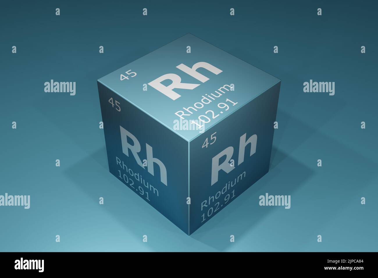 Rhodium, 3D rendering of symbols of the elements of the periodic table, atomic number, atomic weight, name and symbol. Education, science and technolo Stock Photo