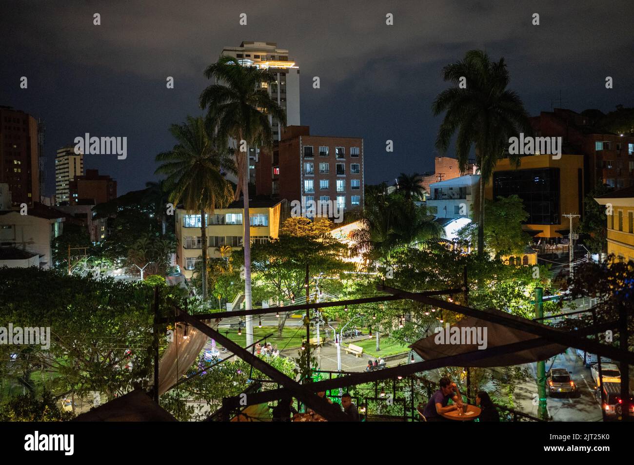 Night view of Cali skyline and El Peñon area from Elsa Cafe restaurant, Colombia Stock Photo