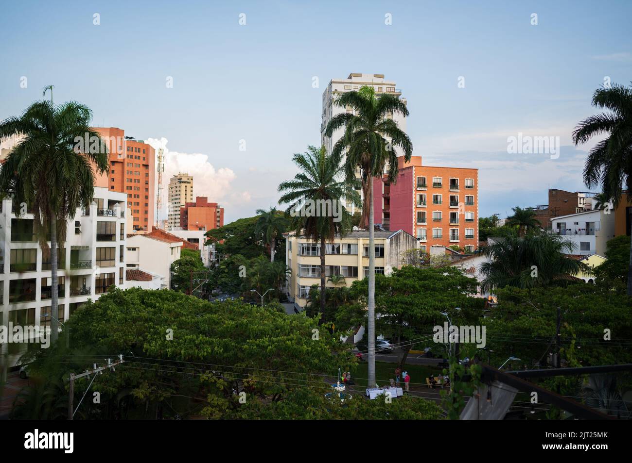 View of Cali skyline from Elsa Cafe restaurant in El Peñon area, Colombia Stock Photo