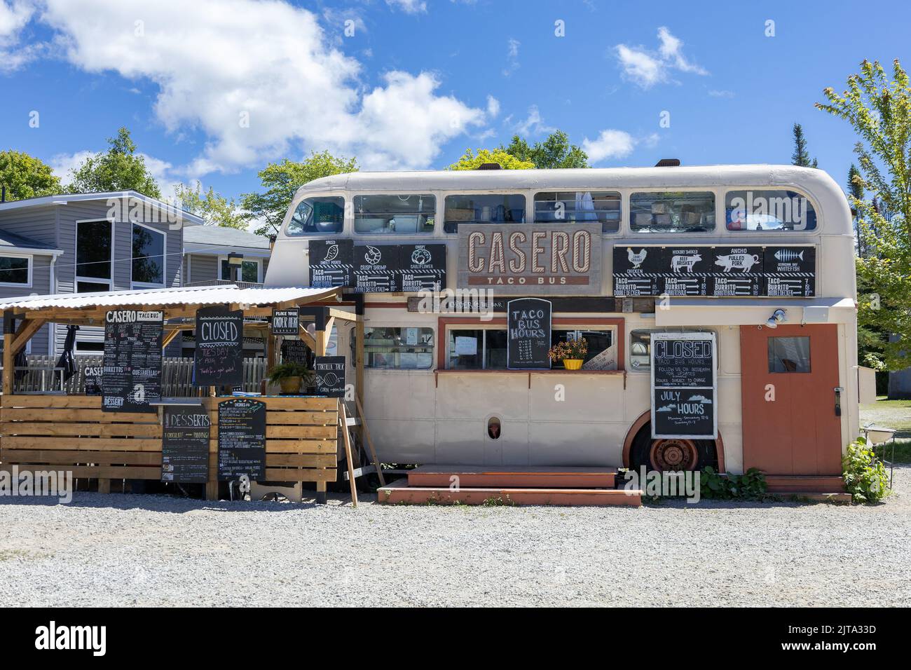 Casero Taco Bus Restaurant In Sauble Beach Ontario Canada Bus Is An Old British 1949 Double-Decker Bus Stock Photo