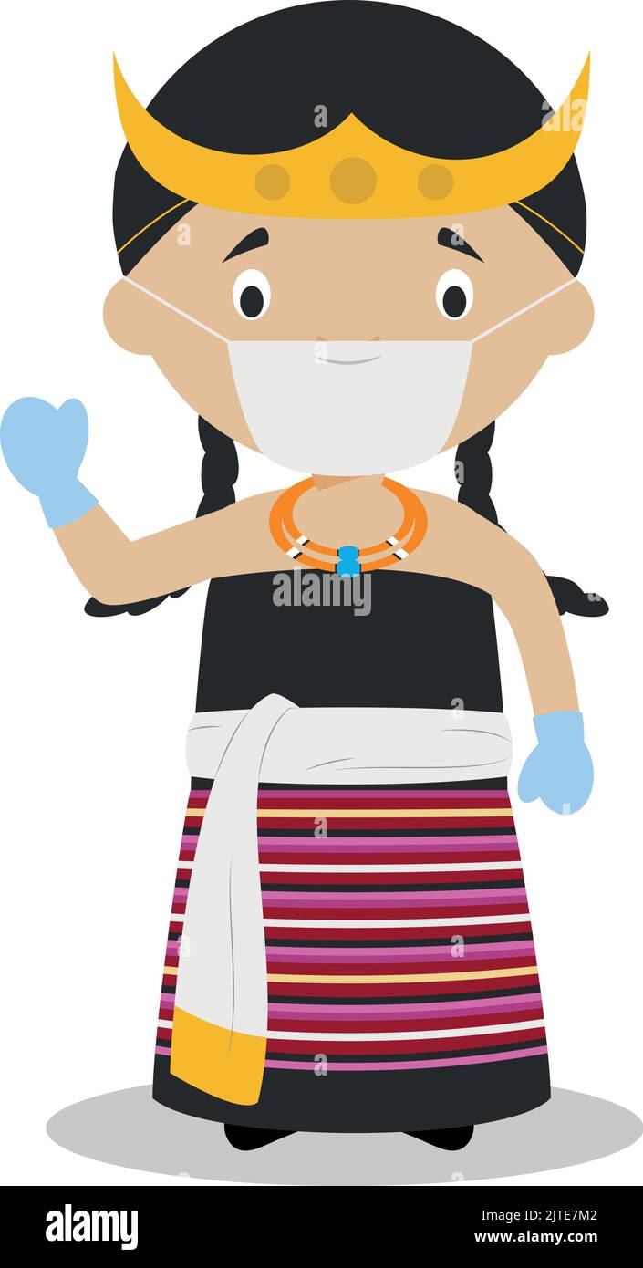 Character from East Timor dressed in the traditional way and with surgical mask and latex gloves as protection against a health emergency Stock Vector