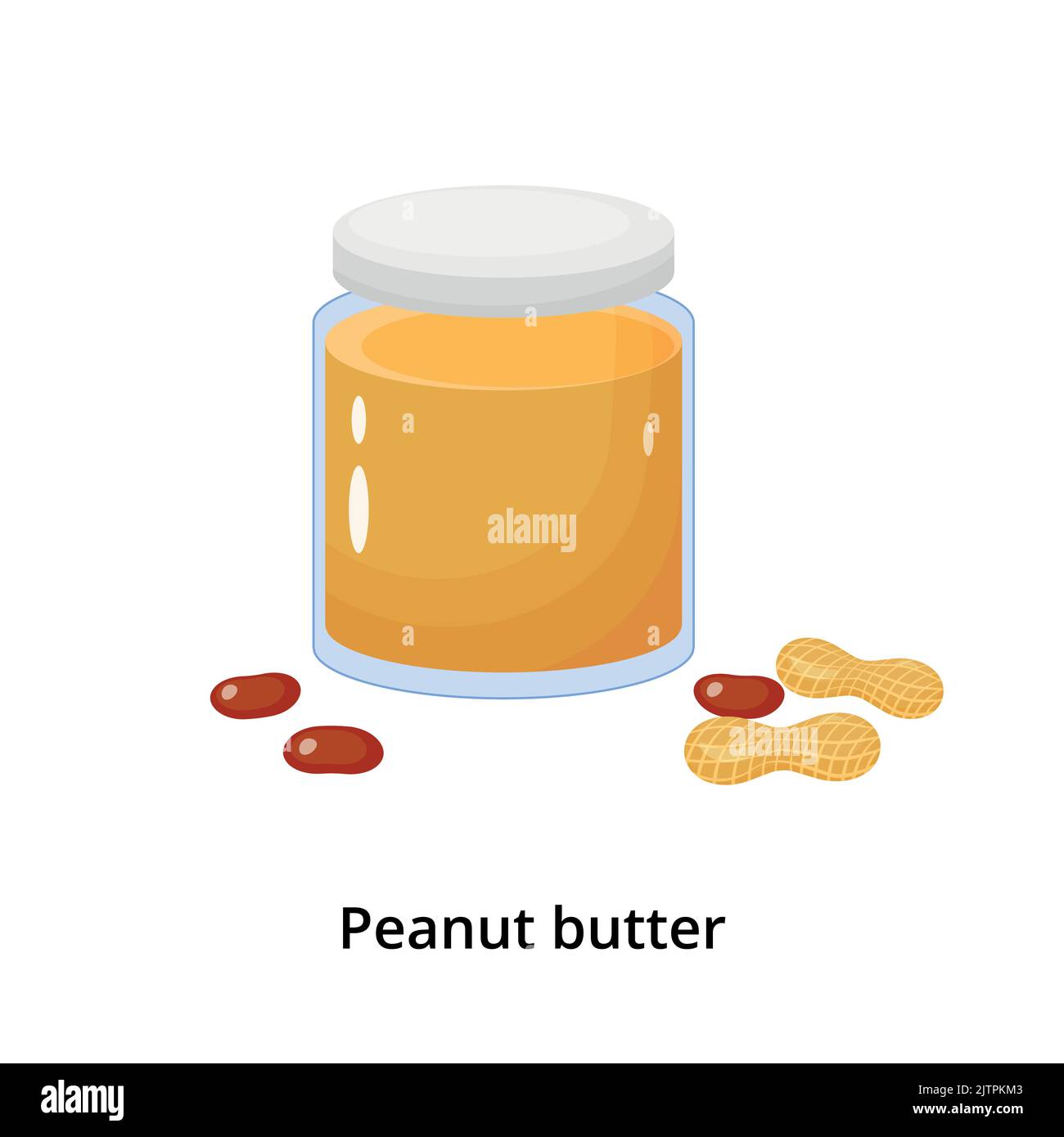 Cartoon peanut butter in glass with group of nuts isolated on white background. Stock Vector