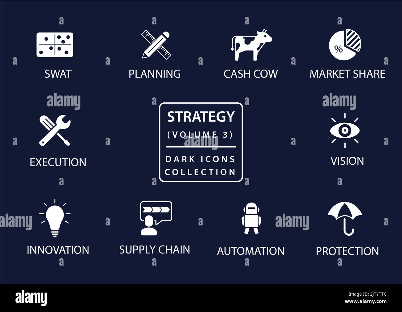 Business strategy vector icon set in flat design and dark mode Stock Vector