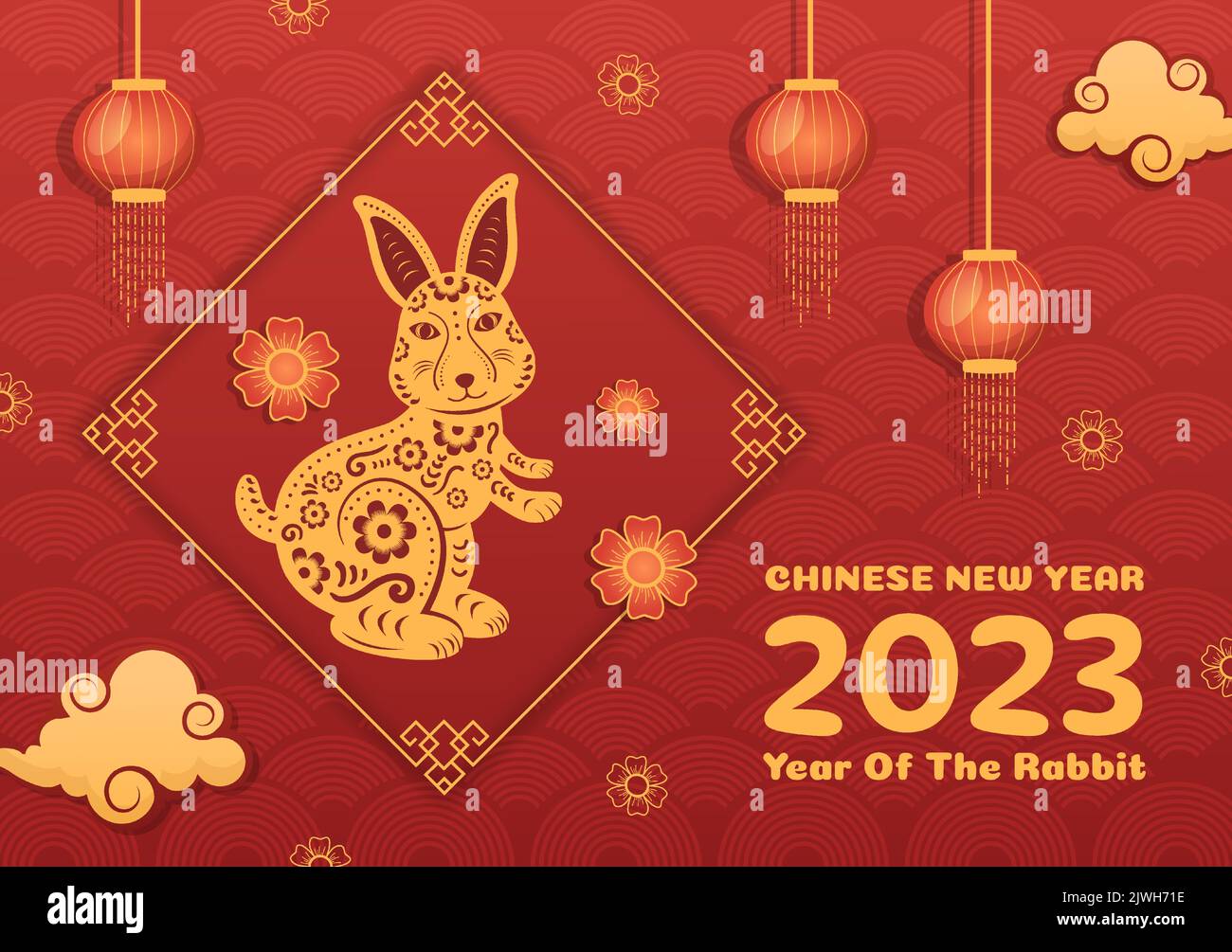 Chinese Lunar New Year 2023 Day of the Rabbit Zodiac Sign Template Hand Drawn Cartoon Flat Illustration with Flower, Lantern and Red Color Background Stock Vector