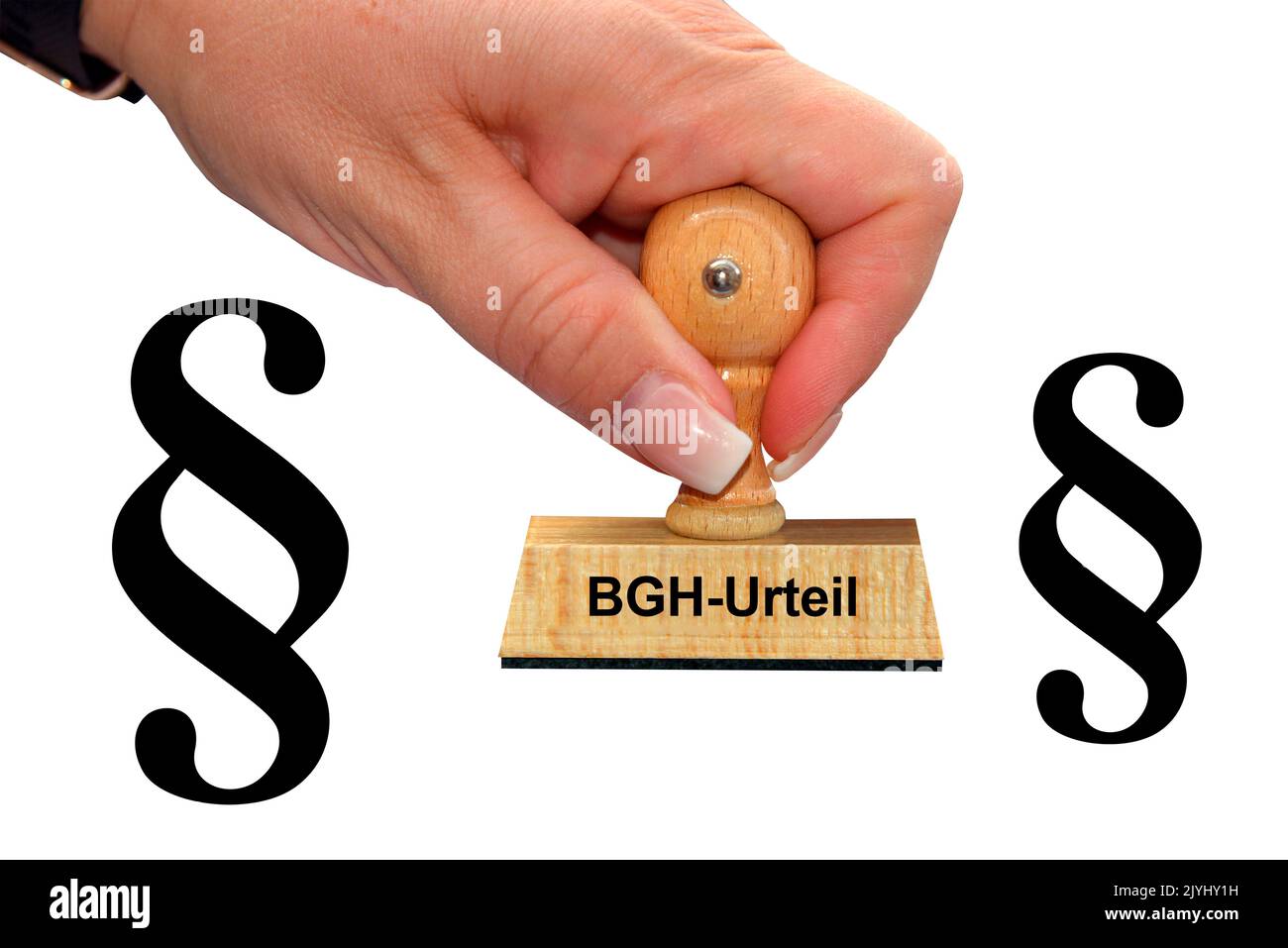 woman's hand with stamp lettering BGH-Urteil, verdict of Federal Court of Justice, cut out, Germany Stock Photo