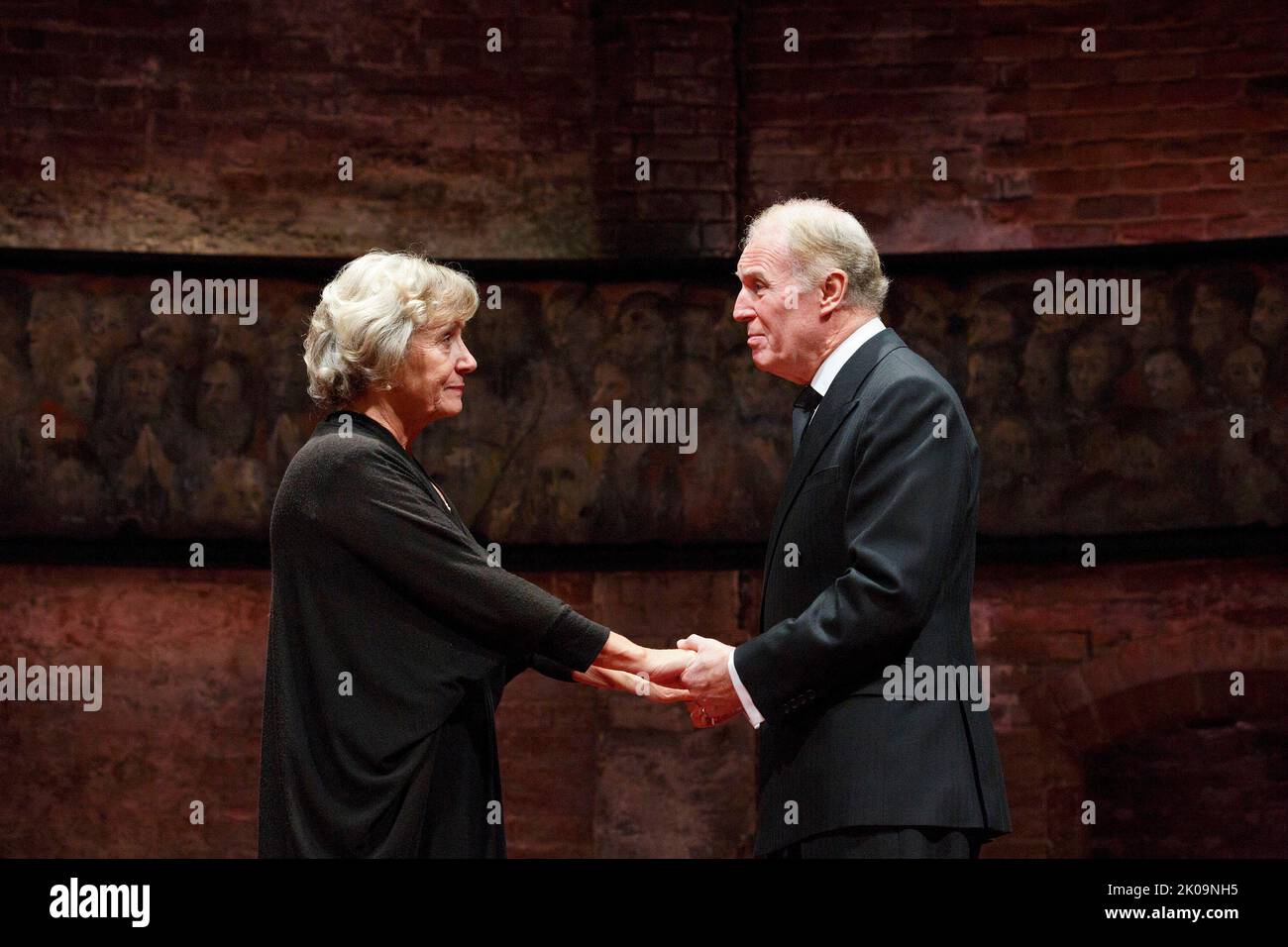 Margot Leicester (Camilla), Tim Pigott-Smith (King Charles III) in KING CHARLES III by Mike Bartlett  at the Almeida Theatre, London N1  10/04/2014  design: Tom Scutt  lighting: Jon Clark  director: Rupert Goold Stock Photo