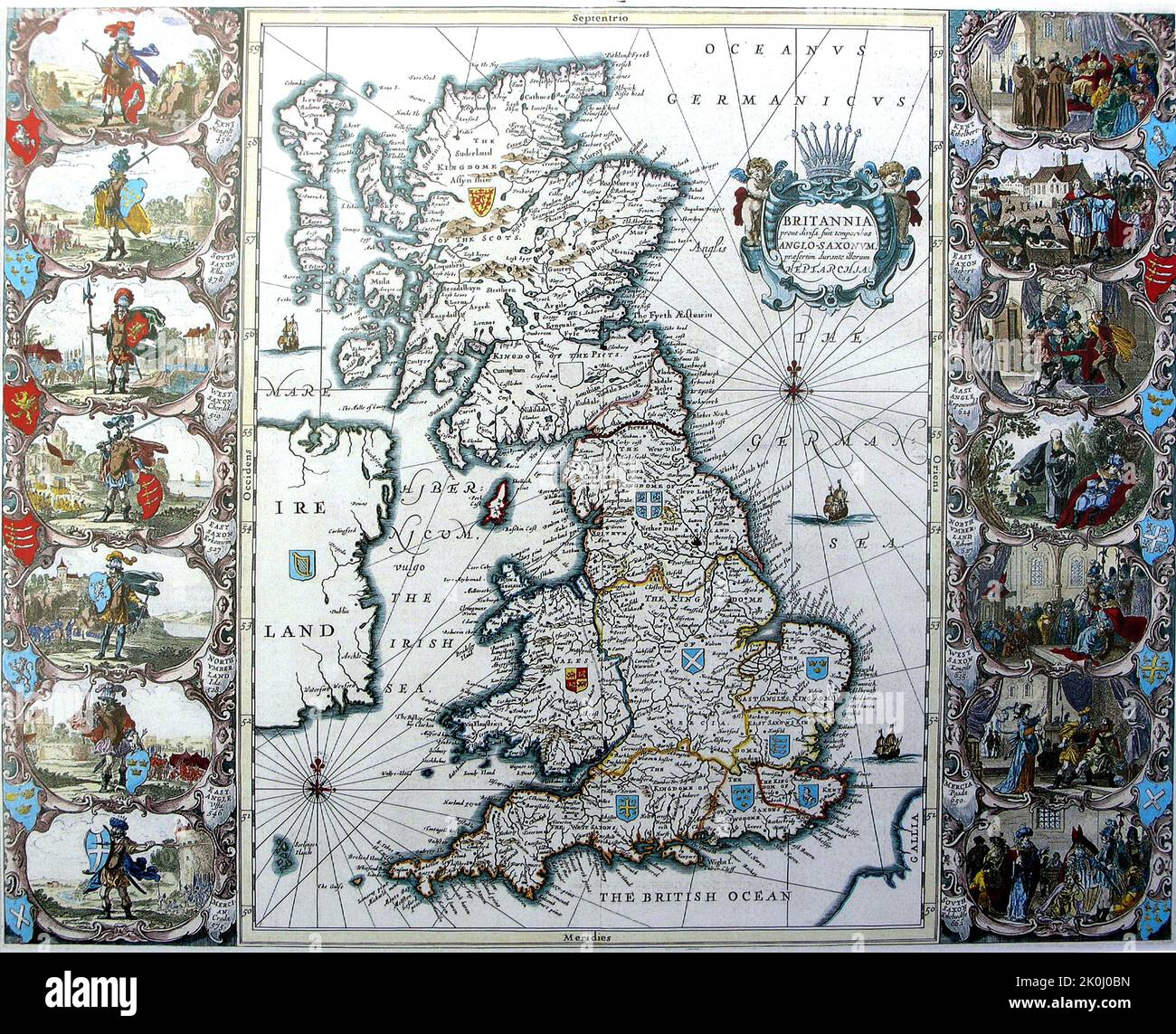 Vintage medieval map of Great Britain with illustrations. 1676. Stock Photo