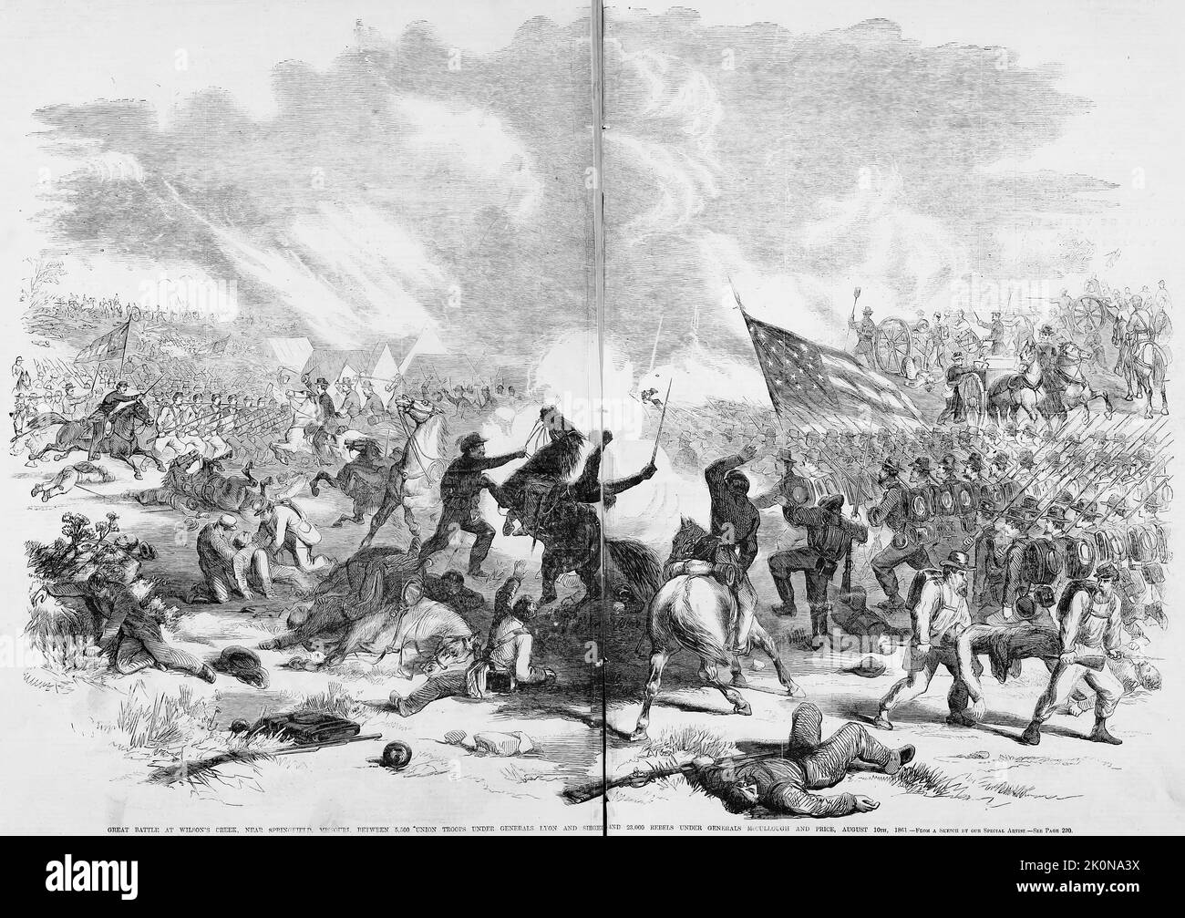 Great Battle of Wilson's Creek, near Springfield, Missouri, between 5,500 Union troops under Generals Nathaniel Lyon and Franz Sigel, and 23,000 Rebels under Generals Benjamin McCulloch and Nicholas Bartlett Pearce, August 10th, 1861. 19th century American Civil War illustration from Frank Leslie's Illustrated Newspaper Stock Photo