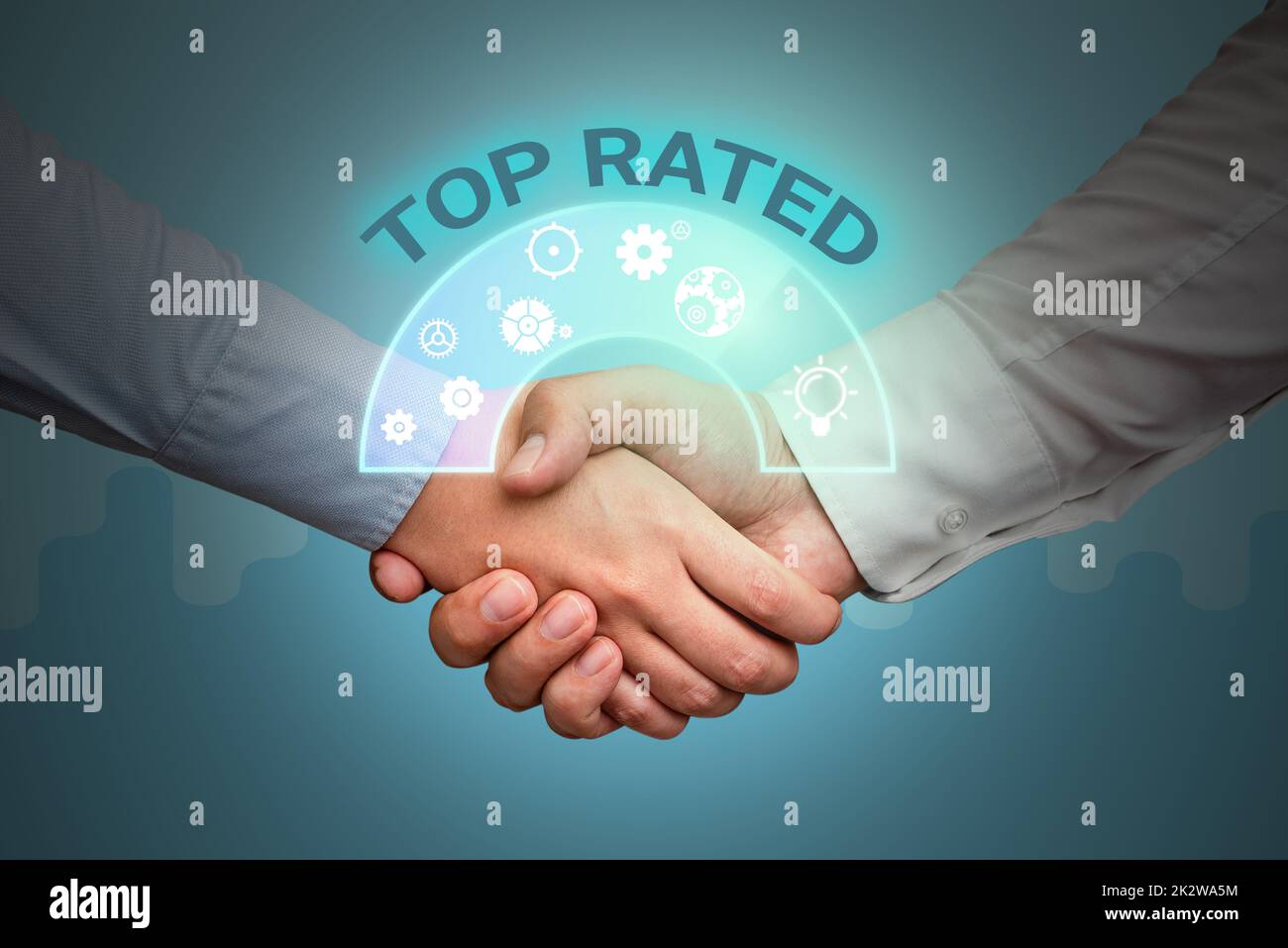 Conceptual display Top Rated. Internet Concept The high amount of a charge or payment based on calculation Hands shaking presenting innovative plan ideas symbolizing teamwork. Stock Photo