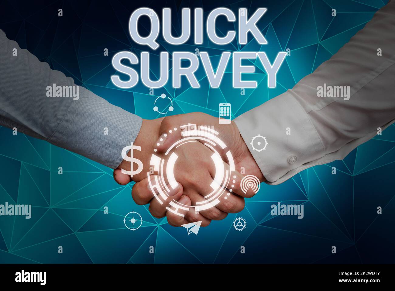 Conceptual caption Quick Survey. Concept meaning Conduct fast check on condition value situation of something Hands shaking presenting innovative plan ideas symbolizing teamwork. Stock Photo