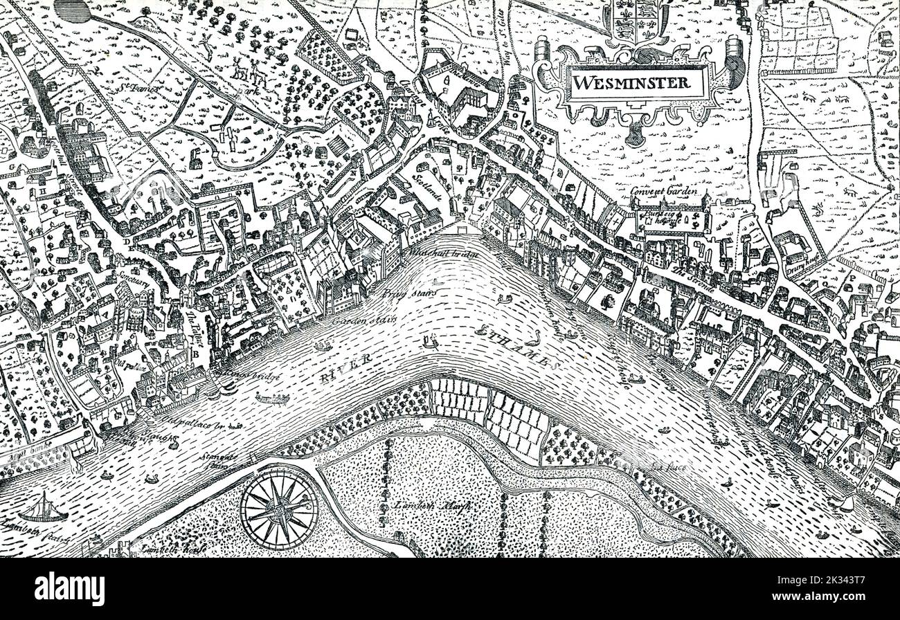 Undeveloped Westminster map in 16th Century London England. Heart of London including Whitehall and River Thames Stock Photo