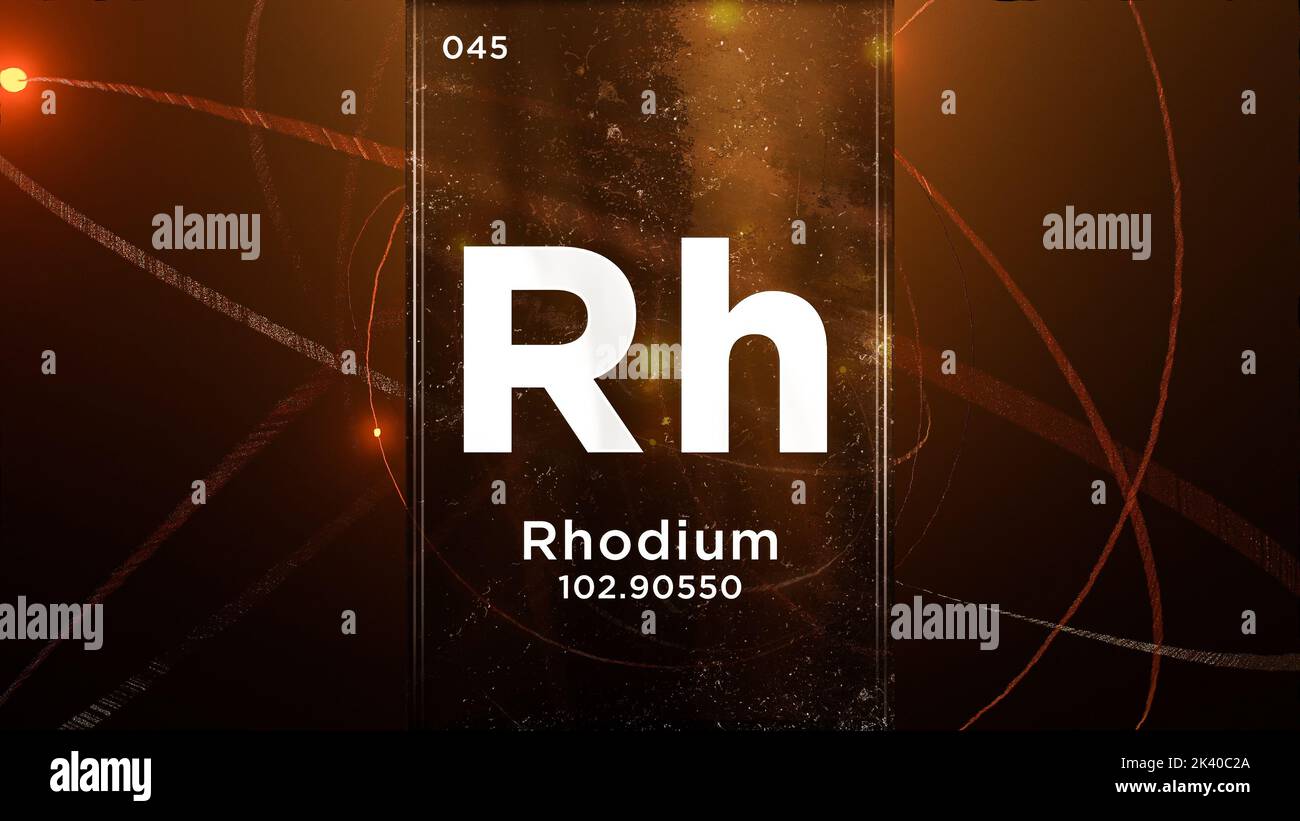 Rhodium (Rh) symbol chemical element of the periodic table, 3D animation on atom design background Stock Photo