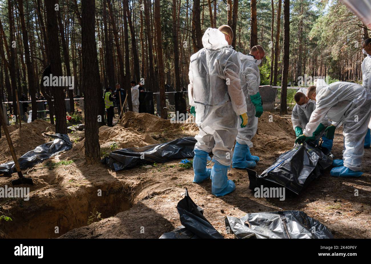 An investigator wearing protective gear is seen zipping up a body bag after exhuming a body. A mass burial site was found in the outskirt of the eastern Ukrainian city, Izyum, Kharkiv region which has been liberated from Russian occupation two weeks ago. At least 445 new graves were found in the site of an existing cemetery while many only have numbers written on the wooden cross. All bodies will be exhumed and sent for forensic examination but it was told from initial investigations that some bodies shown sign of torture. Stock Photo