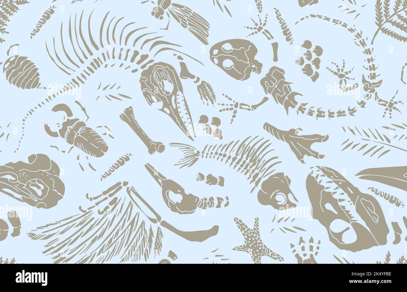 Isolated stencil imprints skeletons of prehistoric animals, insects and plants. Seamless pattern realistic hand drawn art. Vector illustration Stock Vector