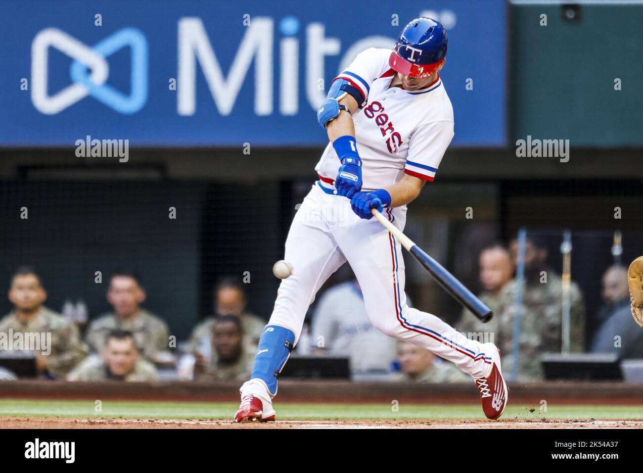 Arlington, United States. 05th Oct, 2022. Texas Rangers first baseman Nathaniel Lowe (30) swings at a pitch during the game between the Texas Rangers and the New York Yankees at Globe Life Field in Arlington, Texas on Wednesday, October 5, 2022. Photo by Matt Pearce/UPI Credit: UPI/Alamy Live News Stock Photo