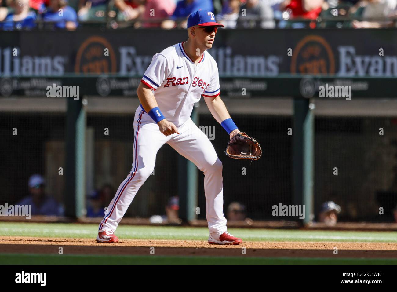 Arlington, United States. 05th Oct, 2022. Texas Rangers first baseman Nathaniel Lowe (30) waits for pitch during the game between the Texas Rangers and the New York Yankees at Globe Life Field in Arlington, Texas on Wednesday, October 5, 2022. Photo by Matt Pearce/UPI Credit: UPI/Alamy Live News Stock Photo