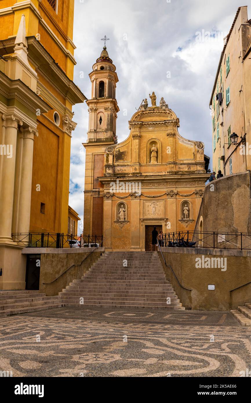 Basilique Saint-Michel and Chapel of the White Penitents, Menton, France. The hilly, medieval old town on the  French Riviera, in the Alpes-Maritimes Stock Photo