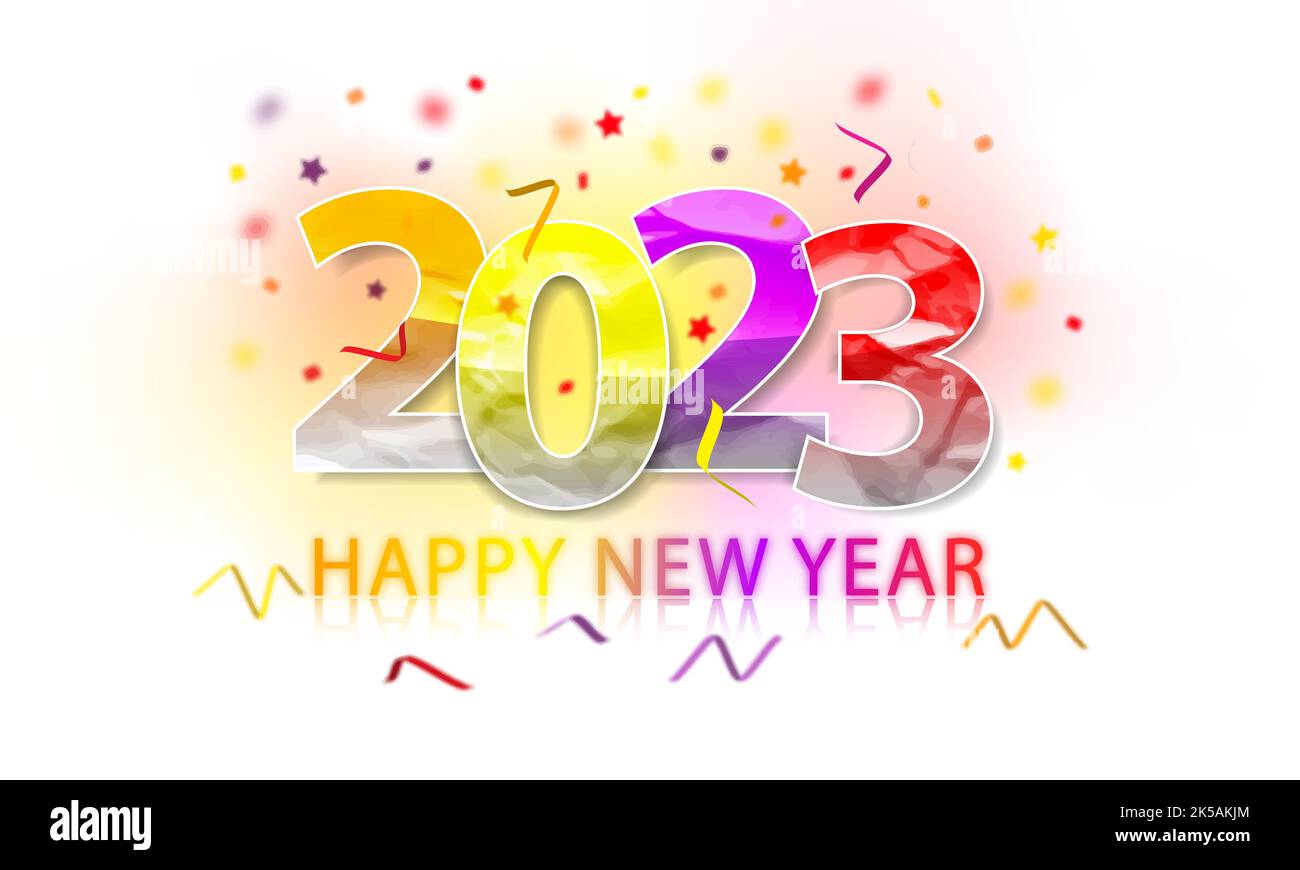 Happy New Year 2023. Multicolored greeting card with decoration and confetti. Stock Vector