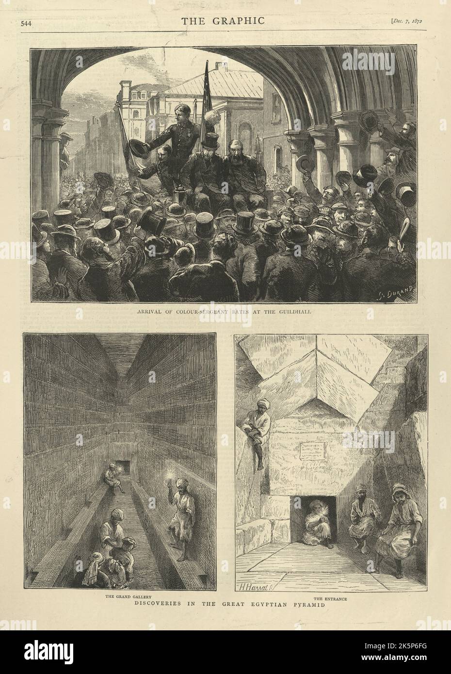 Old newspaper page from Graphic illustrated newspaper, Colour sergeant Bates, Discoveries in the Great Egytian pyramid, 1872 Stock Photo