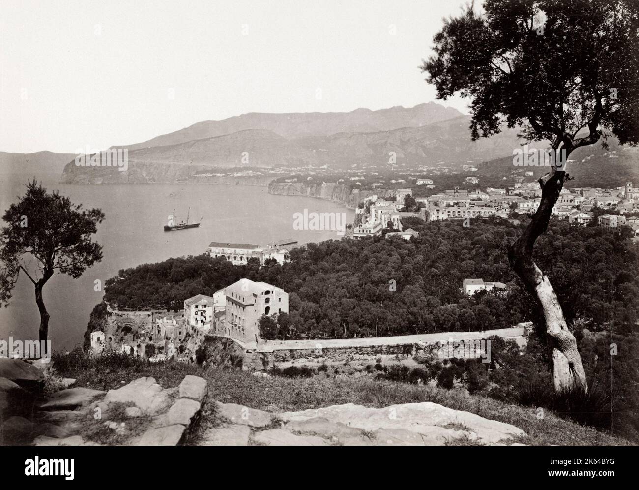 19th century vintage photograph - view of Sorrento, from Capodimonte, Italy c.1880's, with ship in the bay. Stock Photo