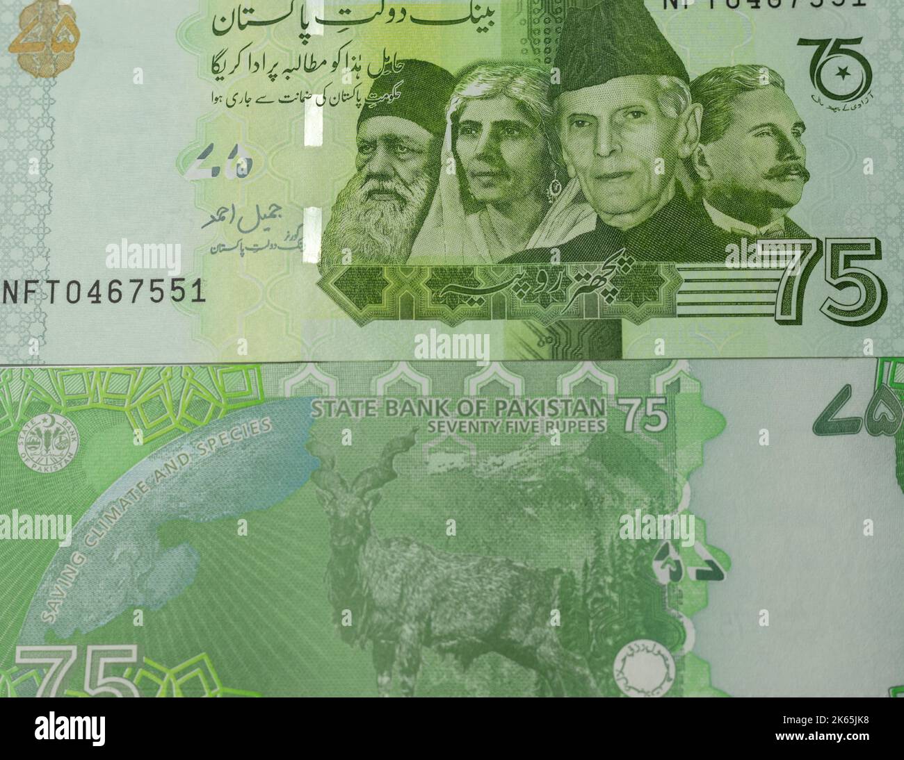 Pakistan 75 rupees banknotes issued on the 75th Anniversary of Pakistan's Independence with a Markhor and Deodar tree, both of which are national symb Stock Photo