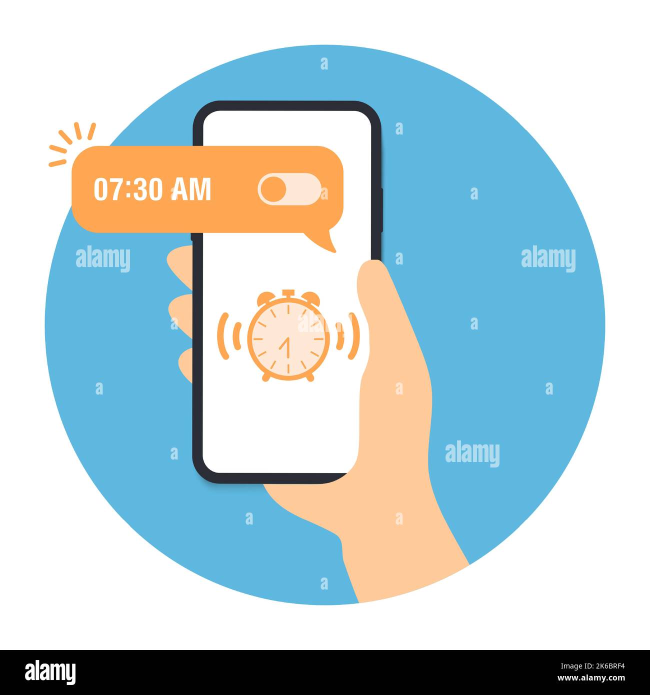 Mobile alarm clock reminder message notice to wake up vector, smartphone phone watch timer notification in person hand flat cartoon icon, electronic Stock Vector