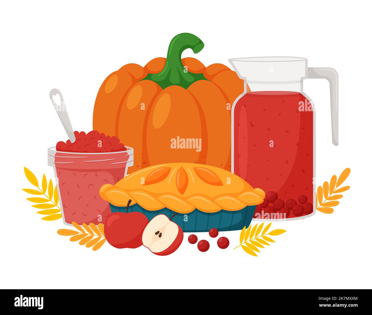 Pumpkin pie, cranberry compote and sauce. Thanksgiving symbols. Vector cartoon illustration for a Thanksgiving decoration or menu. Isolated on a white Stock Vector