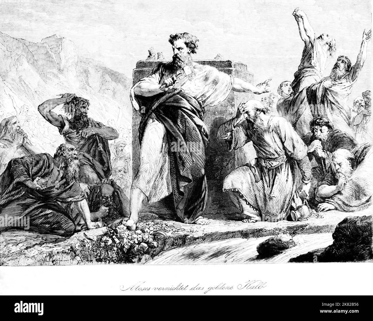 Moses destroys the golden calf, , Bible, Old Testament, Second Book of Moses, Genesis, historical Illustration 1850 Stock Photo