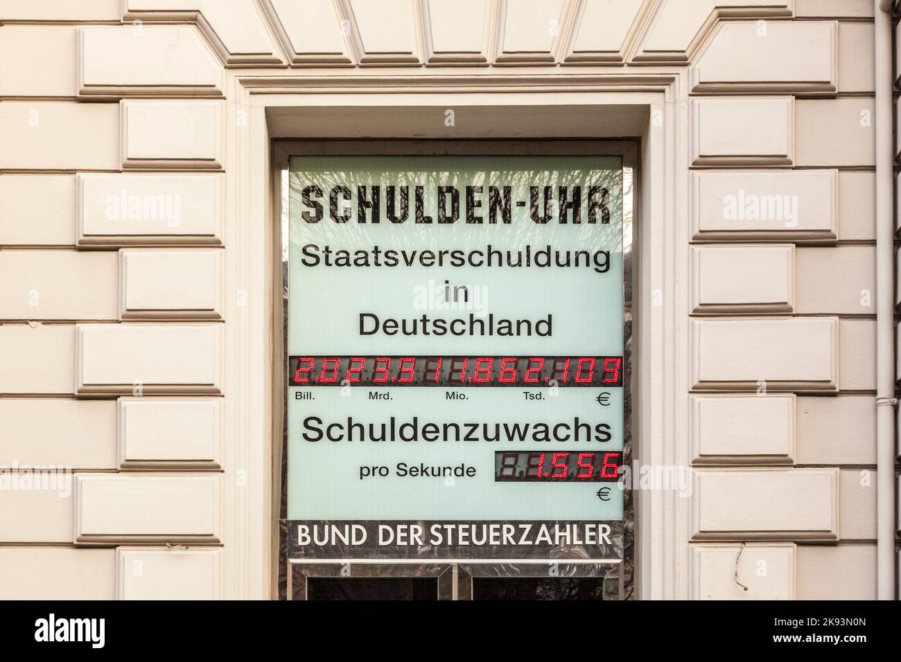 WIESBADEN, GERMANY - NOV 20: clock indicates the actual debt on NOV 20,2011 in Wiesbaden, Germany. The alliance of taxpayer make that debt clock publi Stock Photo