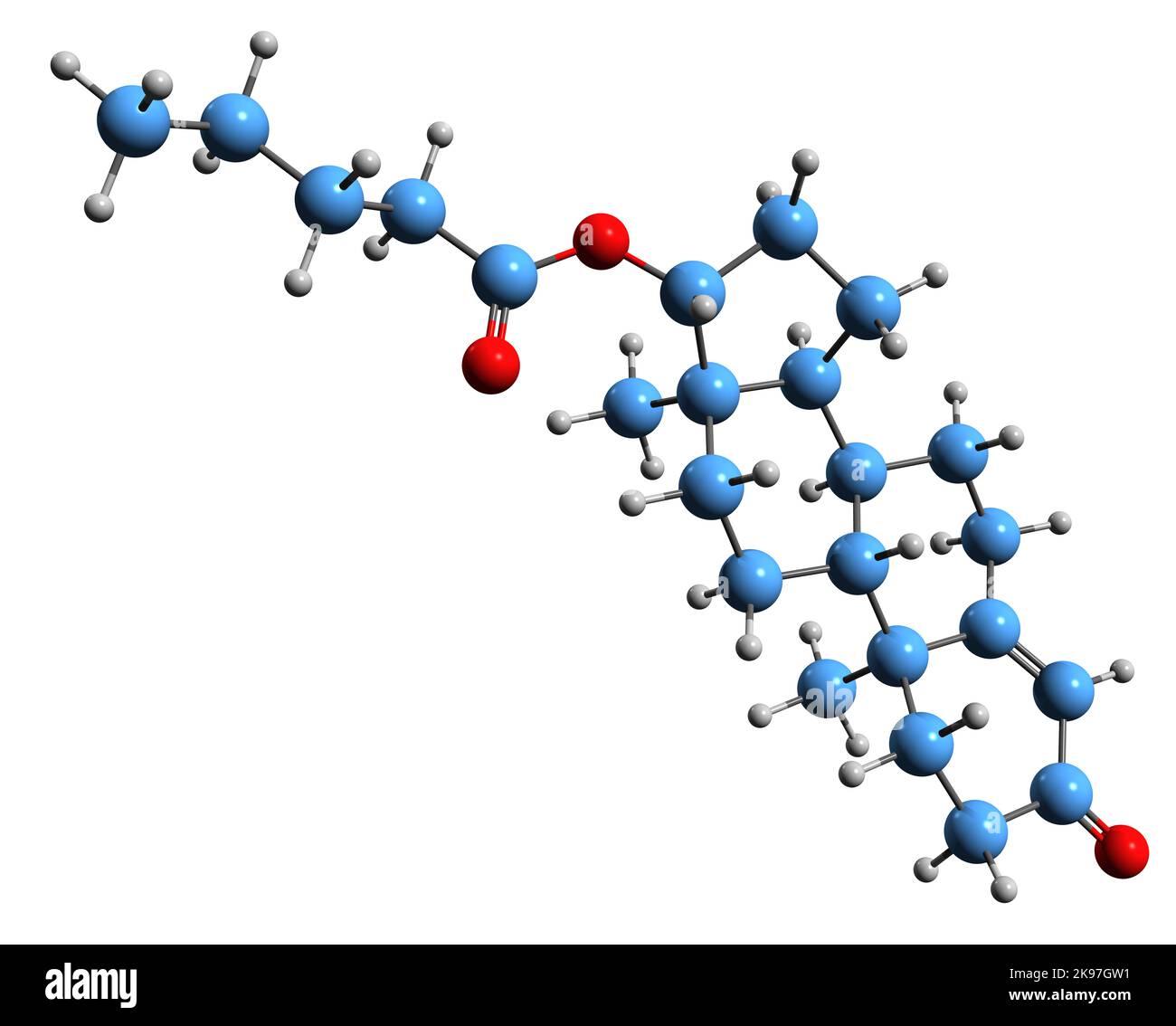 3D image of Testosterone valerate skeletal formula - molecular chemical structure of testosterone pentanoate isolated on white background Stock Photo