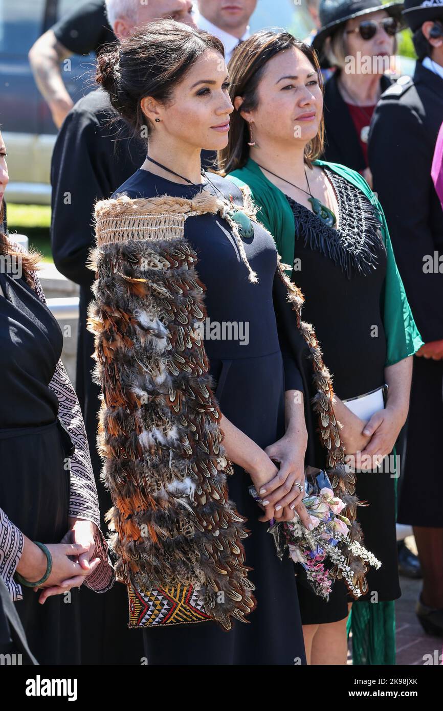 The Duke and Duchess of Sussex leave St Faith's Church after receiving traditional cloaks on Te Papaiouru marae in Rotorua, New Zealand during a three Stock Photo