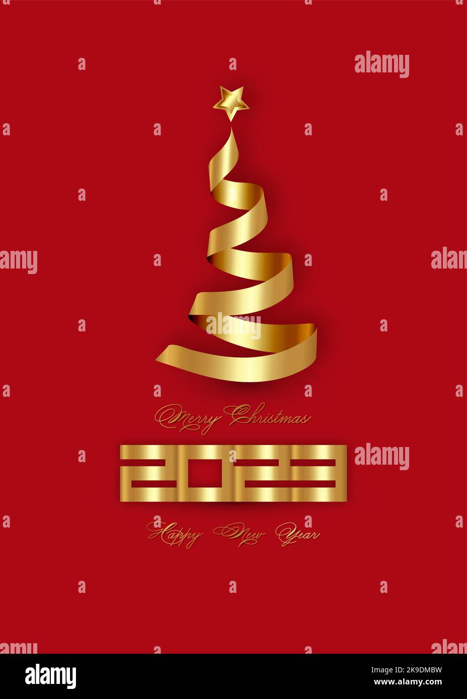 Merry Christmas and 2023 new year greeting card with stylized bright gold ribbon Christmas tree and star. Vector illustration isolated on red Stock Vector