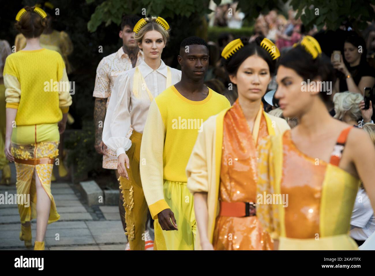 Models run the runway during the Marcel Ostertag fashion show during the Mercedes Benz Berlin Fashion Week Spring/Summer 2019 in Berlin, Germany on July 4, 2018. (Photo by Emmanuele Contini/NurPhoto) Stock Photo