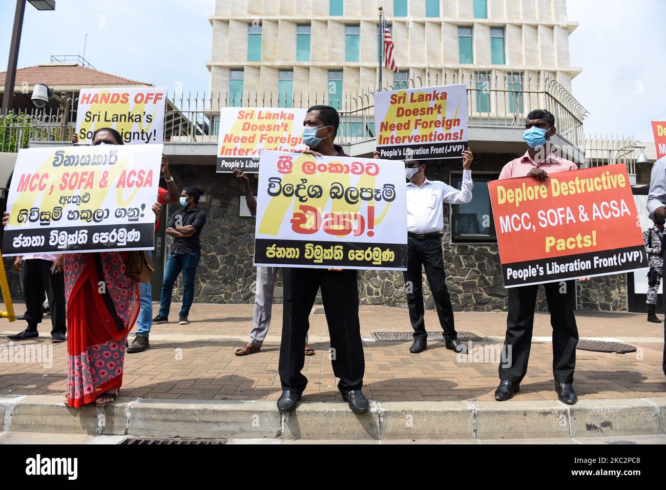 The People's Liberation Front, better known as the leftist Janatha Vimukthi Peramuna, organised a protest against the US Secretary of State Mike Pompeo's visit to Sri Lanka that has been scheduled for this week. The protest was held opposite the US Embassy in Colombo, where they cried foul against the controversial MCC, SOFA, and ACSA agreements which many claims would threaten the country's sovereignty In Colombo, Sri Lanka October 27, 2020 (Photo by Akila Jayawardana/NurPhoto) Stock Photo