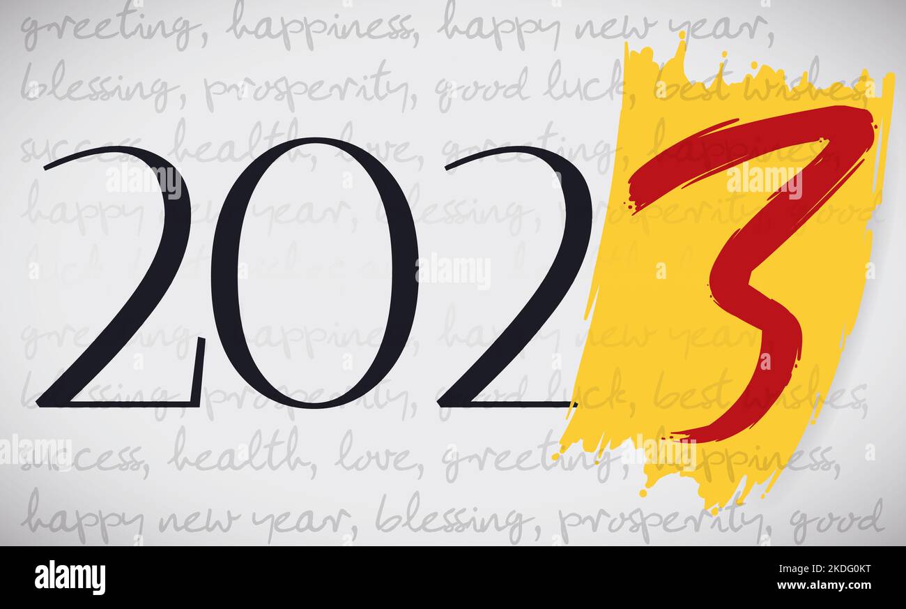 Handwritten banner with greeting for good wishes, yellow brushstroke and number 3 painted in red color, to celebrate New Year 2023. Stock Vector