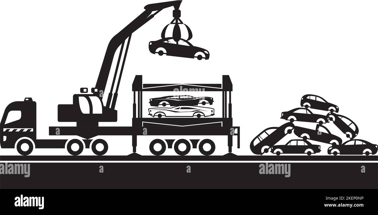 Mobile car crusher for metal scrap – vector illustration Stock Vector