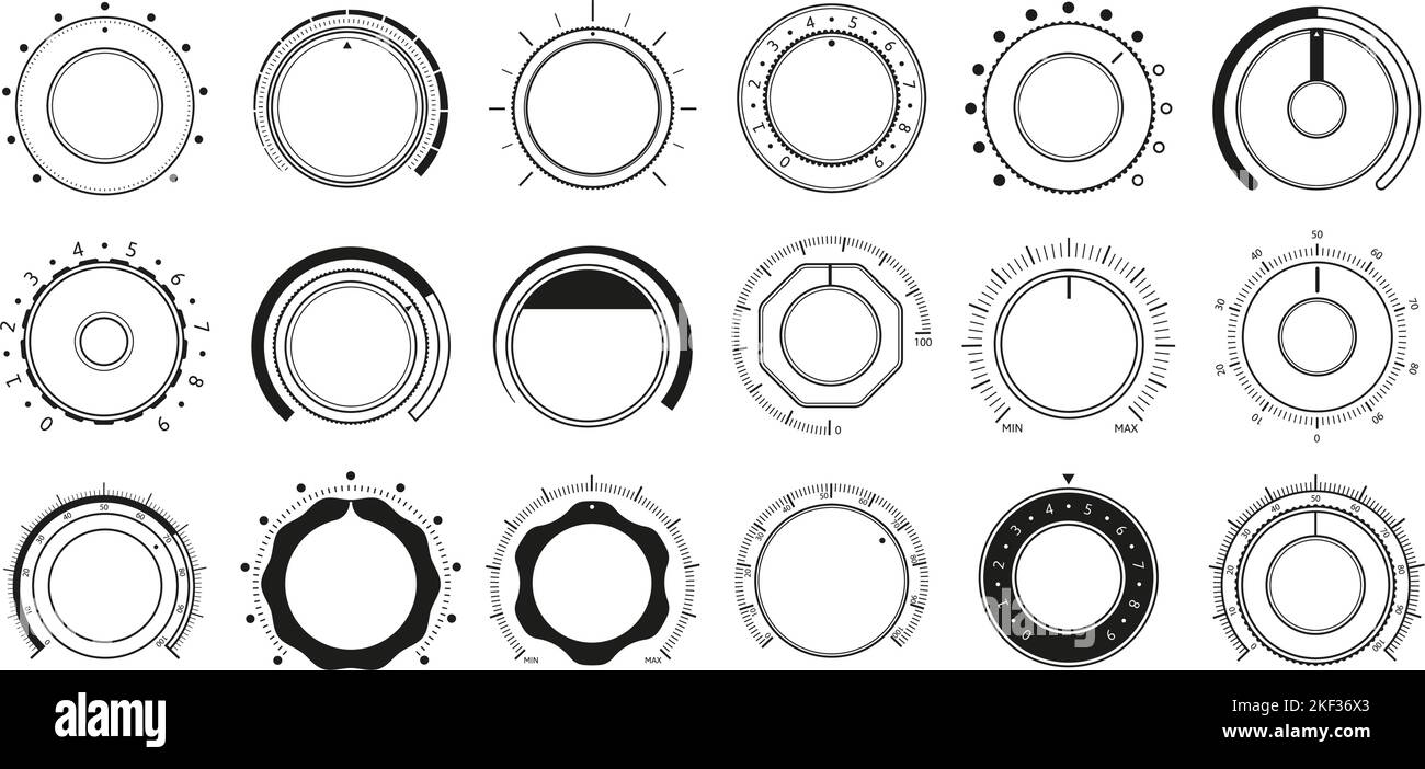 Volume adjustment dials. Round level knob, rotary control dial and sound controller interface circle switch vector set Stock Vector