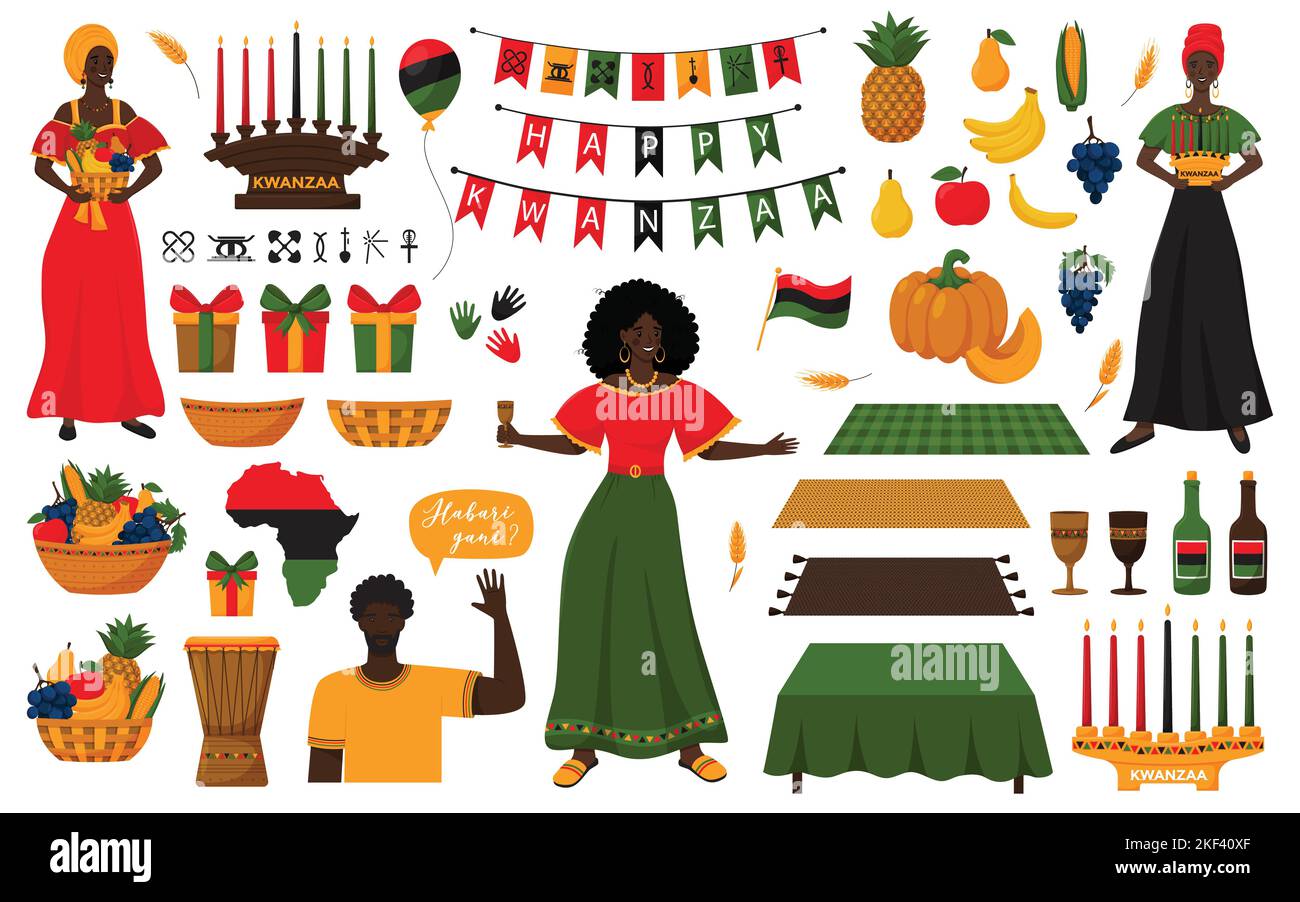 Set of decorative elements for African American holiday Kwanzaa. Women in dresses, Candleholder, Kinara, fruits, gift boxes, mkeka, drum, cup, bottle, Stock Vector