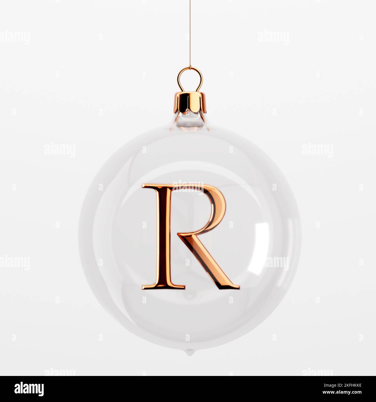 Glass festive christmas hanging baubles. With gold letter R. 3D Rendering Stock Photo